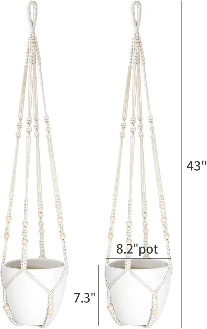 Mkono 43 Inch Macrame Plant Hanger Large for up to 12 Inch Pot Extra Long Hanging Plant Holder No Tassels Hanging Planter Basket with Wood Beads for Indoor Outdoor Boho Home Decor, Ivory, Set of 2 by GreenHaven Gardens