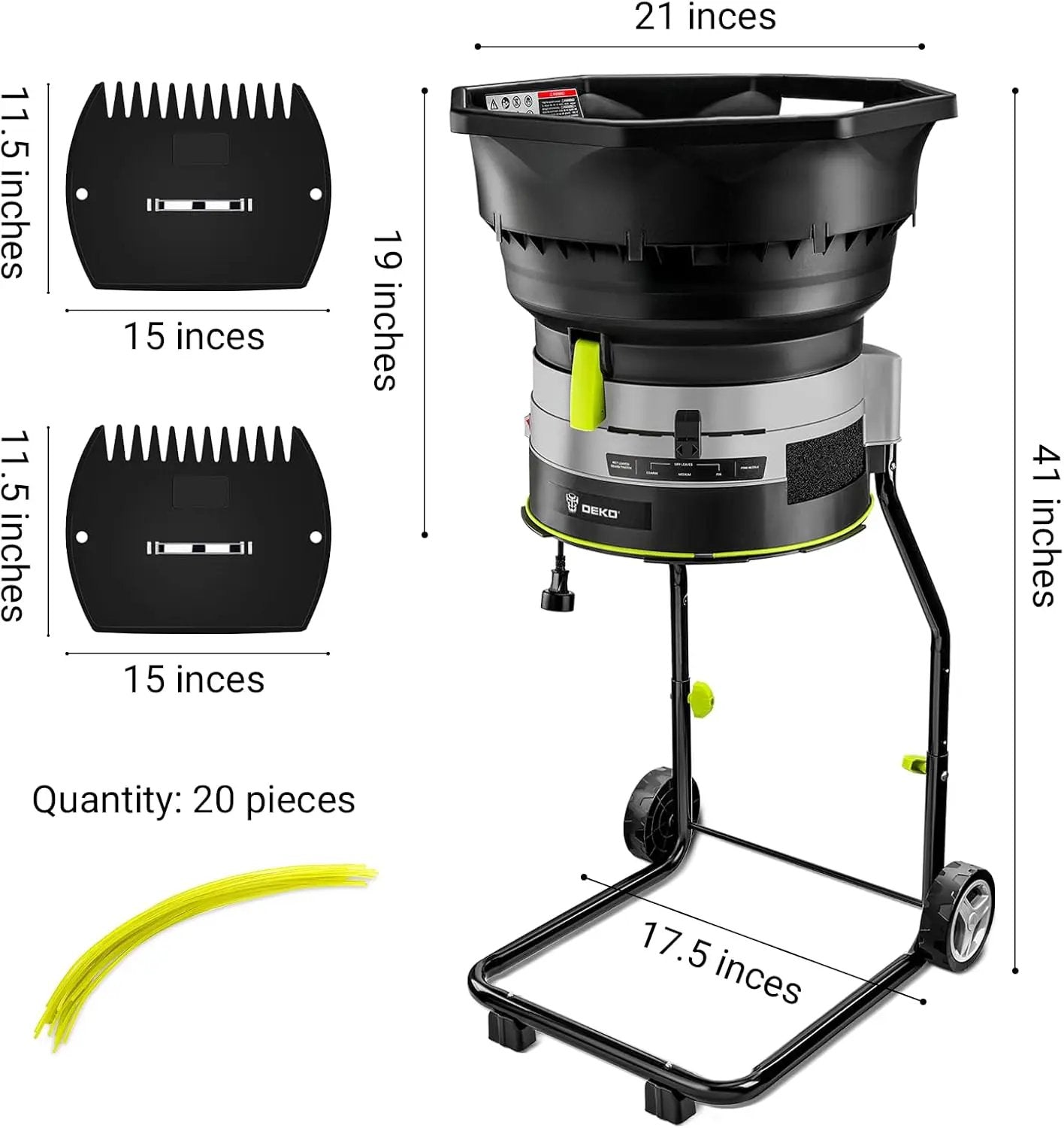 Electric Leaf Mulcher/Shredder: DEKOPRO 13-Amp 8200RPM Motor for 17:1 Reduction Ratio, Adjustable Control Dia with Leaf Scoops Spade and 20 Cutting Lines by GreenHaven Gardens