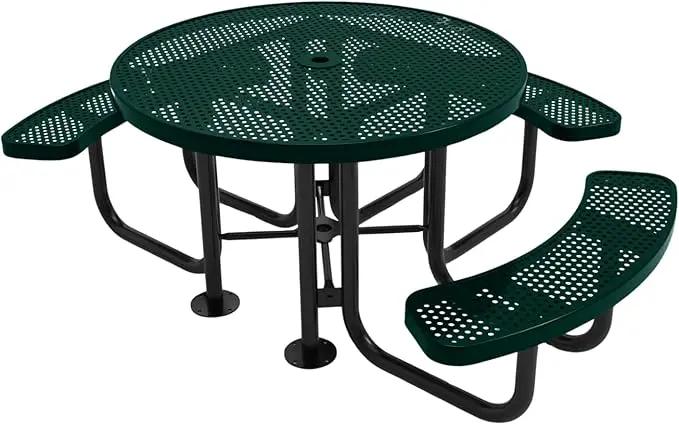 Heavy-Duty Portable Outdoor Picnic Table with Umbrella Hole, Punched Steel Patio Dining Furniture Made in America (46" Round Top, Dark Green) by GreenHaven Gardens