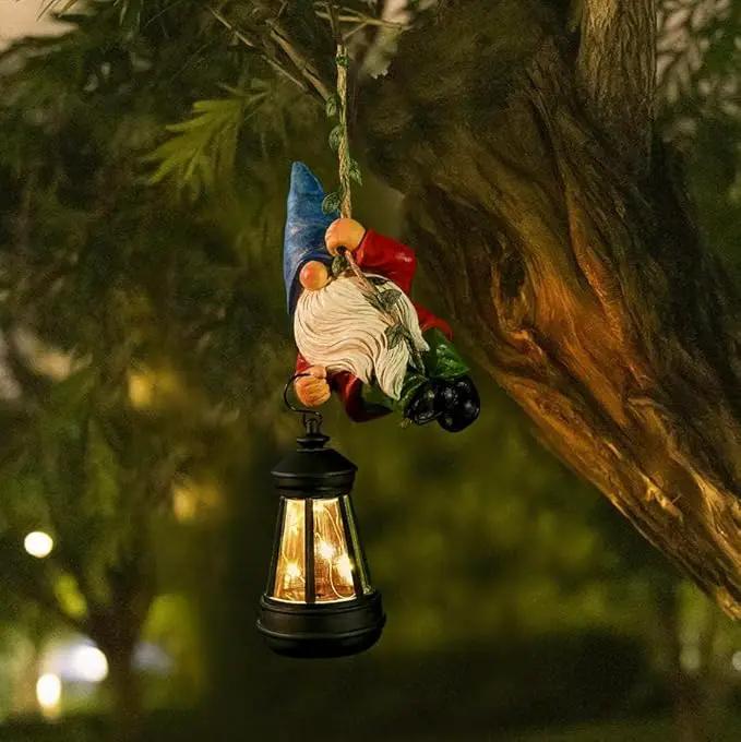 Solar Hanging Gnome Garden Statue Climbing Rope Gnome with LED Lantern Outdoor Decor Tree Hugger Yard Porch Wall Decoration Christmas Gardening Gift for Mom by GreenHaven Gardens