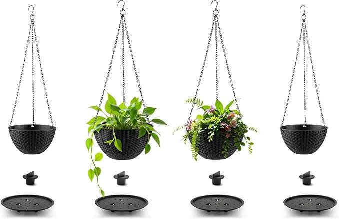 Hanging Planters for Indoor Outdoor Plants 8/10 Inch, 4 Packs Plant Hanger with Drainage Holes, Hanging Basket Flower Pot Perfect for Home, Office and Garden, Black by GreenHaven Gardens