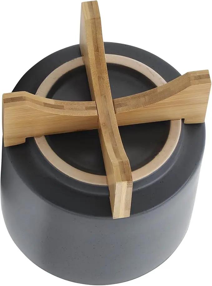 Sagebook Home 8" Ceramic Planter, Matte Gray Planter, Indoor/Outdoor Planter on Wooden Stand - Use for Succulent Pot, Plants, Flowers and More by GreenHaven Gardens