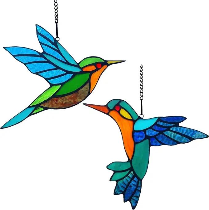 2 Packs Stained Glass Hummingbird Suncatcher Window Hanging Ornament, Stained Glass Birds Suncatcher for Window Decor, Hummingbird Gifts for Women, Mom, Birds Lovers by GreenHaven Gardens