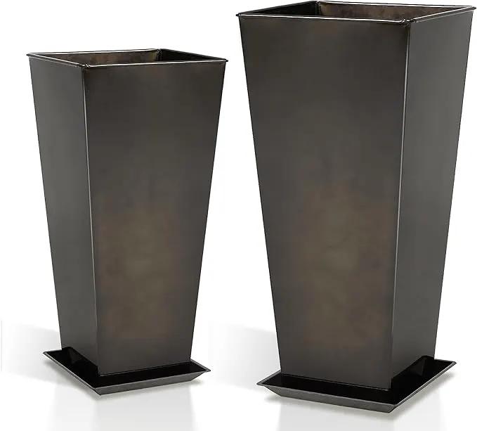 WORTH Garden Large Metal Glazed Planter Set of 2 (25" + 28"), Luxurious Glossy Finish Black Tall Square Tapered Steel Plant Pot, Decor Flower Pot Indoor & Outdoor, Drainage Hole & Dual-Purpose Saucer by GreenHaven Gardens