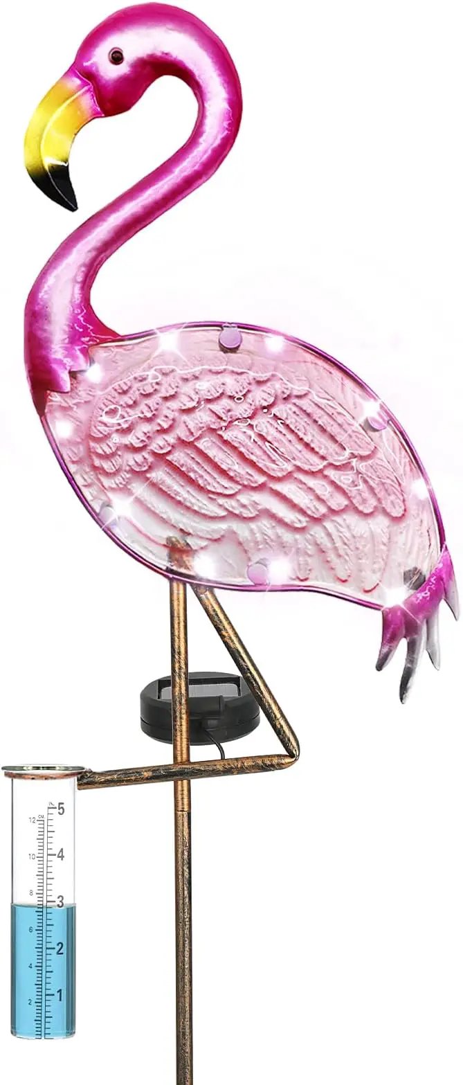 Flamingo Rain Gauge Solar Stake Outdoor, 43’’ Solar Rain Gauge LED Lights with Rainfall Gauge for Garden, Yard, Lawn, Pathway, Patio by GreenHaven Gardens