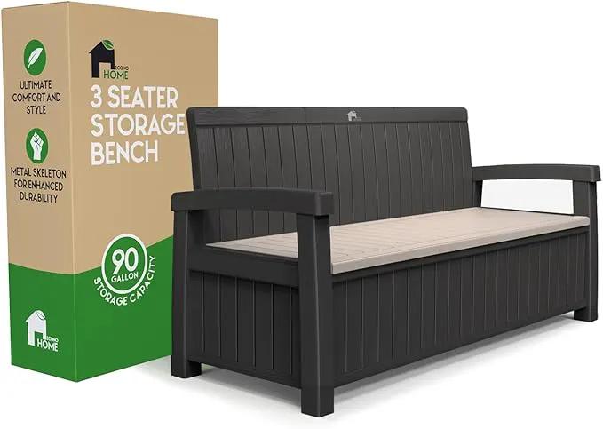 EconoHome 3 Seat Outdoor Storage Bench - 90 Gallon Capacity - Weatherproof Resin Bench for Patio, Porch, Garden, Yard, Pool Area - Furniture for Pool Accessories, Gardening Tools, Toys by GreenHaven Gardens