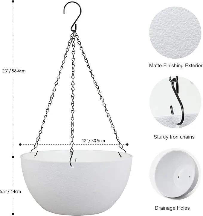 12 inch Large Hanging Planters for Indoor Outdoor Plants, 2 Pack Hanging Flower Pots with Drainage Holes and Chain for Garden Porch, Plastic Hanging Baskets for House Plants, White by GreenHaven Gardens
