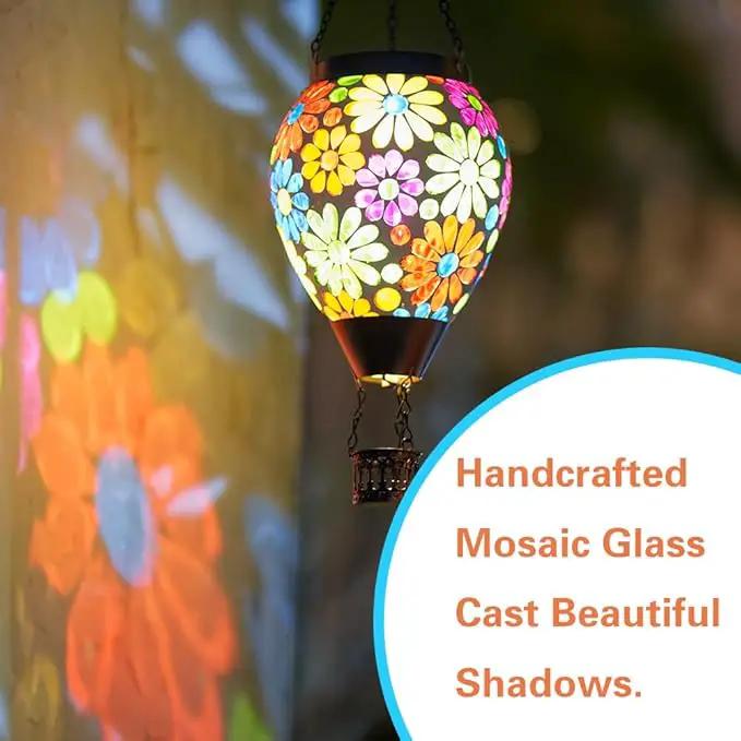 Starsoul Mosaic Flowers Hot Air Balloon Solar Lantern Glass Outdoor Hanging Hot Air Balloon Solar Flickering Flame Light Waterproof Garden Patio Yard Party Decorations by GreenHaven Gardens