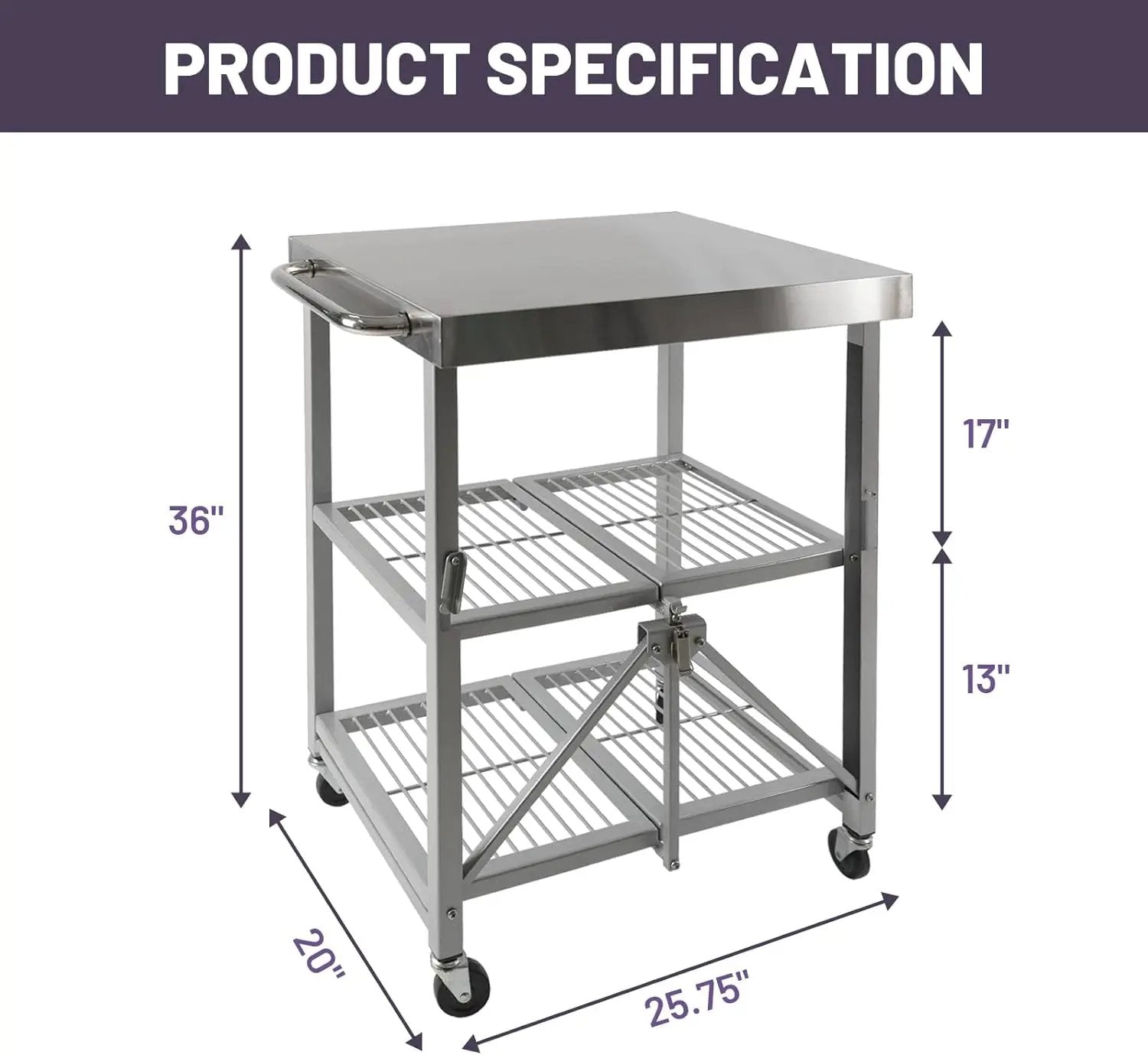 3-Tier Folding Outdoor Grill Cart, 300lbs Load Capaciy Foldable Utility Storage Rolling Kitchen Table with Lockable Wheels, 25.75" D x 20" W x 36" H, Steel Service Trolley for Food Prepping by GreenHaven Gardens