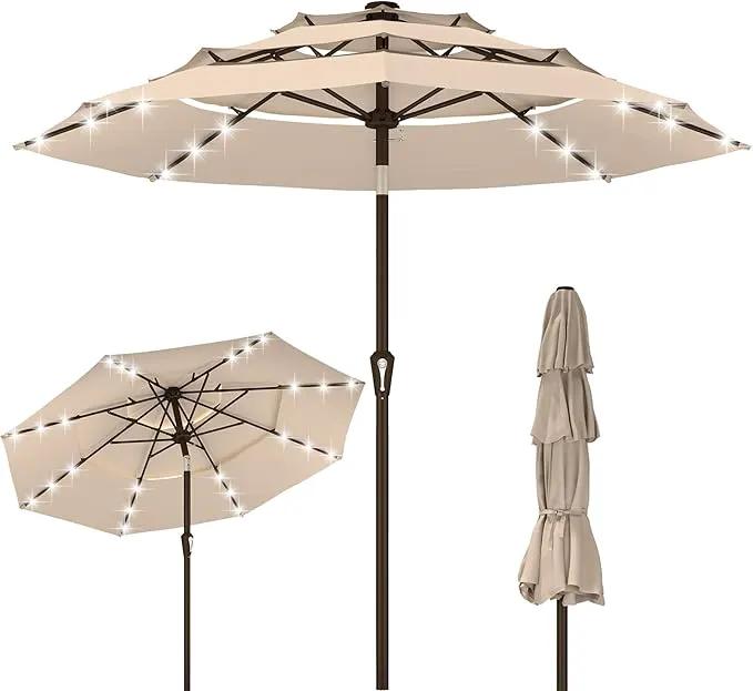 Kingdura 10ft 3-Tier Patio Umbrella with Solar Lights, Table Umbrella Outdoor Patio with Easy Crank & Tilt, 8 Sturdy Ribs, UV Protection, 32 LED Lights for Deck, Poolside, Market (Beige) by GreenHaven Gardens