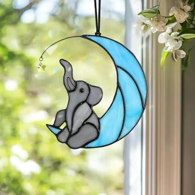 HDCRYSTALGIFTS Glass Elephant Ornament Stained Glass Window Hanging Decor, Modern Design Elephant on Moon with Star Collectibles Handcrafted Sun Catcher Gifts for Birthday Women by GreenHaven Gardens