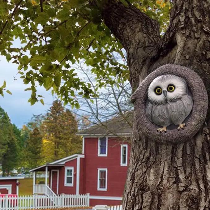 Baby Owl Resin Tree Face, Owlet Tree Hugger, Outdoor Sculpture for Tree Decorations, Whimsical Owl Garden Ornament, Tree Statue Peeker, Patio Yard Lawn Porch Decor, Durable & Waterproof Garden Present by GreenHaven Gardens