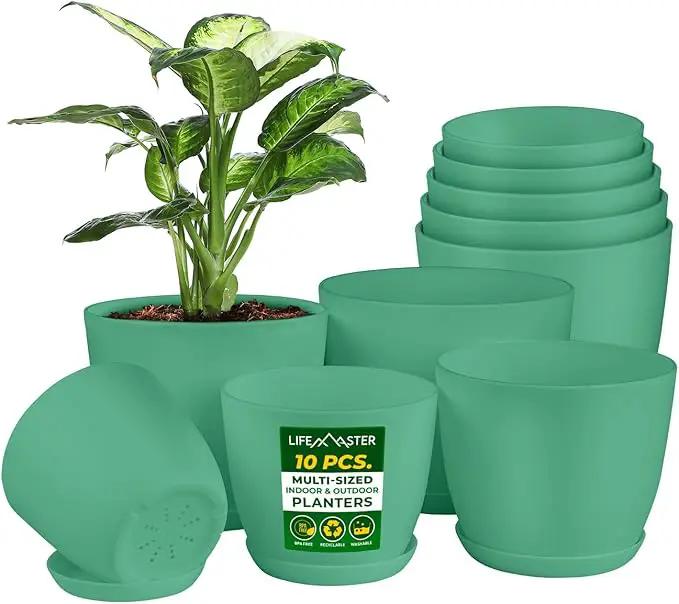 Planter Pots with Drainage Holes - Lightweight, Durable, & Space-Saving Pots for Indoor and Outdoor - Versatile Functionality, Simple Modern Design, Set of 10 Plastic Planter Pots Mint by GreenHaven Gardens
