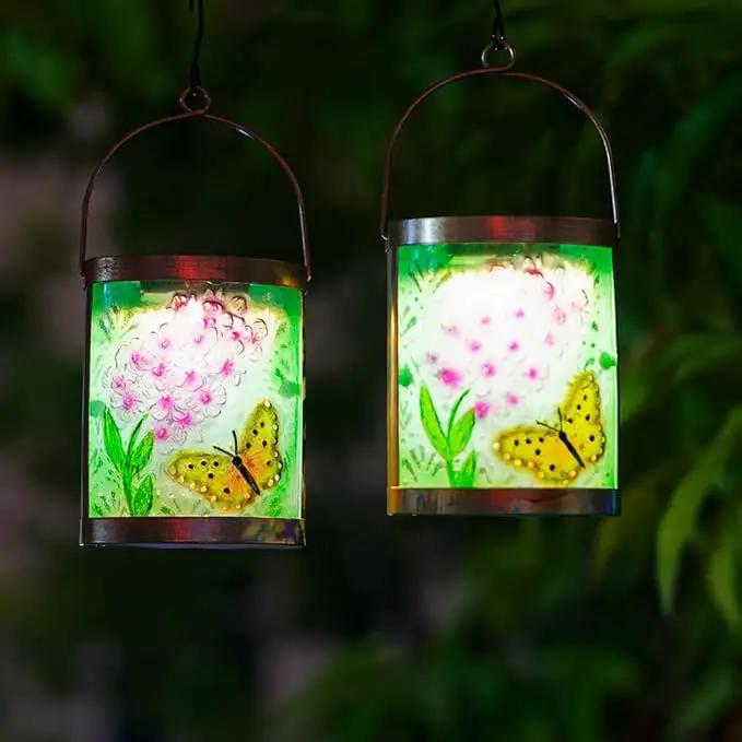 Starsoul 2 Pack Hanging Solar Lantern Outdoor Waterproof Glass Butterfly and Flowers Decorative Solar Lights for Outside Garden Yard Table Patio Decor by GreenHaven Gardens