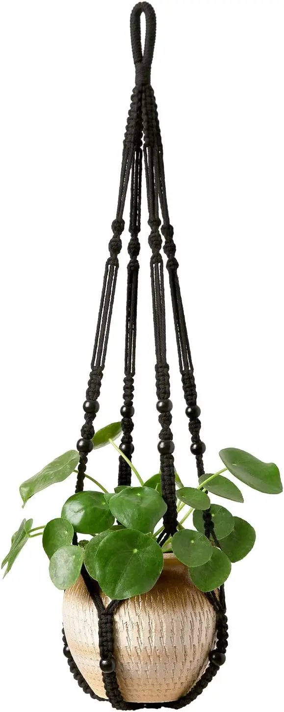 Mkono Macrame Plant Hanger Indoor Hanging Planter Basket with Wood Beads Decorative Flower Pot Holder No Tassels for Indoor Outdoor Boho Home Decor 35 Inch, Black, Set of 1 (POTS NOT Included) by GreenHaven Gardens