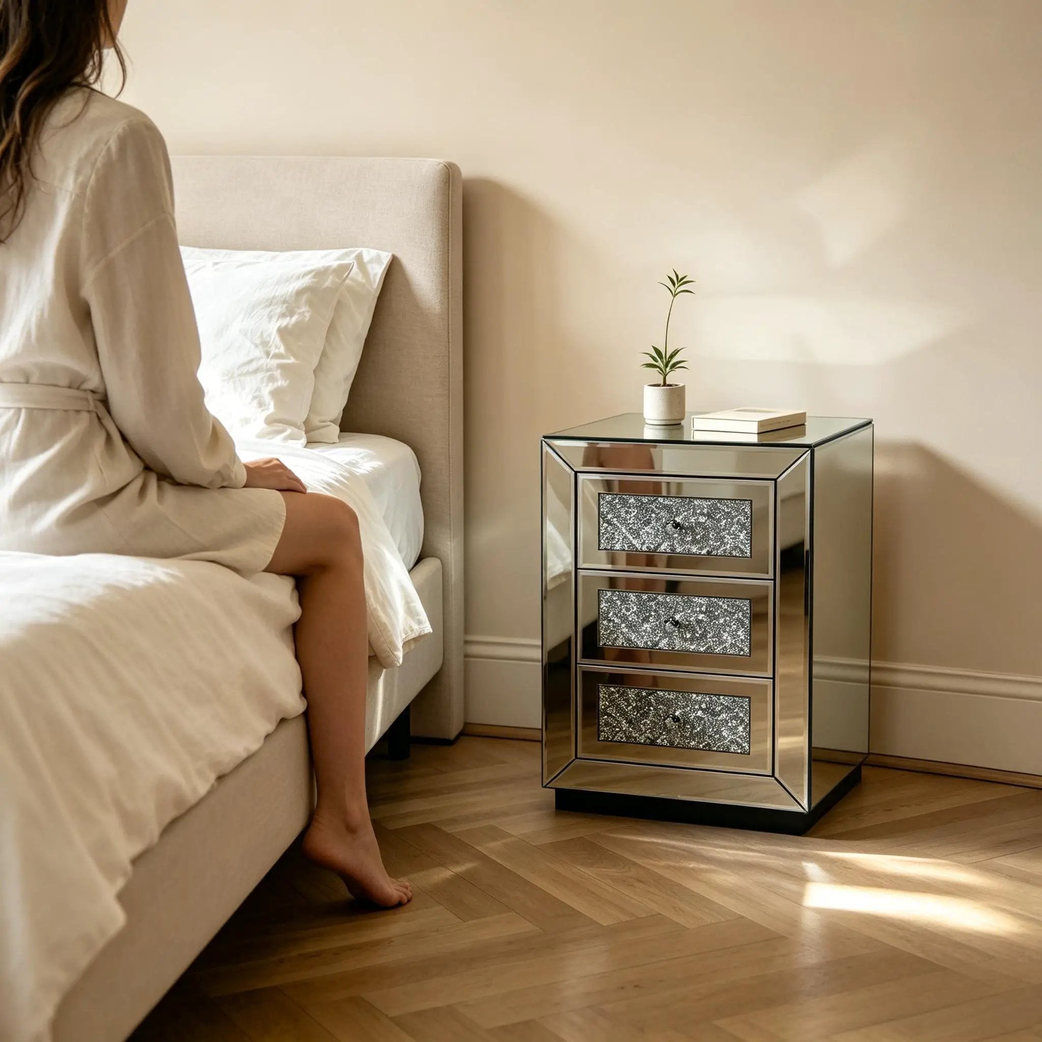 3 Drawer Nightstand With Glass Accents, Bedside Table For Bedroom - Silver by HouseOfZazla