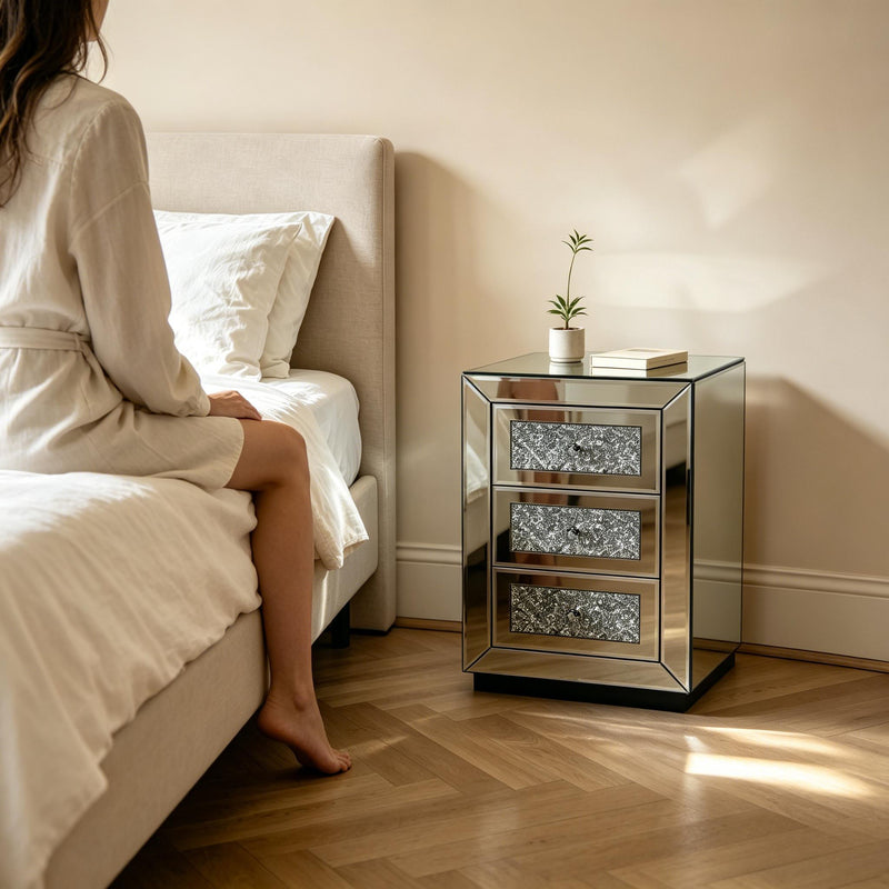3 Drawer Nightstand With Glass Accents, Bedside Table For Bedroom - Silver by HouseOfZazla