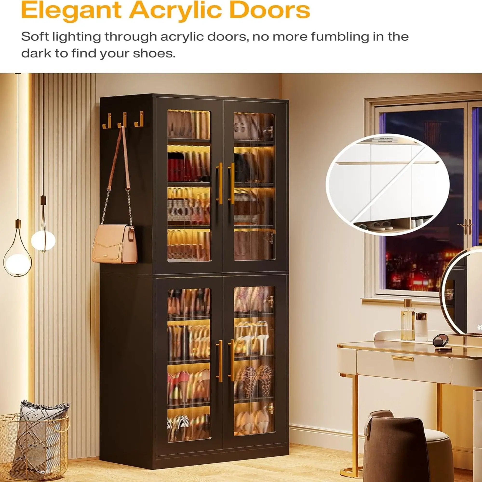 Bookcase With Doors And LED Lighting, 8 Adjustable Shelves Storage Cabinet