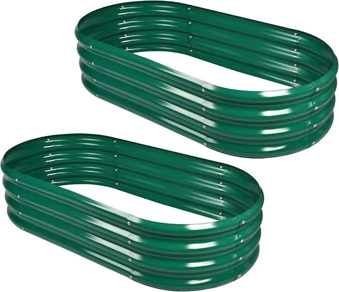 Land Guard 2Pcs Galvanized Raised Garden Bed Kit, 7.5×3×1ft Galvanized Planter Raised Garden Boxes Outdoor, Oval Large Metal Raised Garden Beds for Vegetables (Forest Green) by GreenHaven Gardens