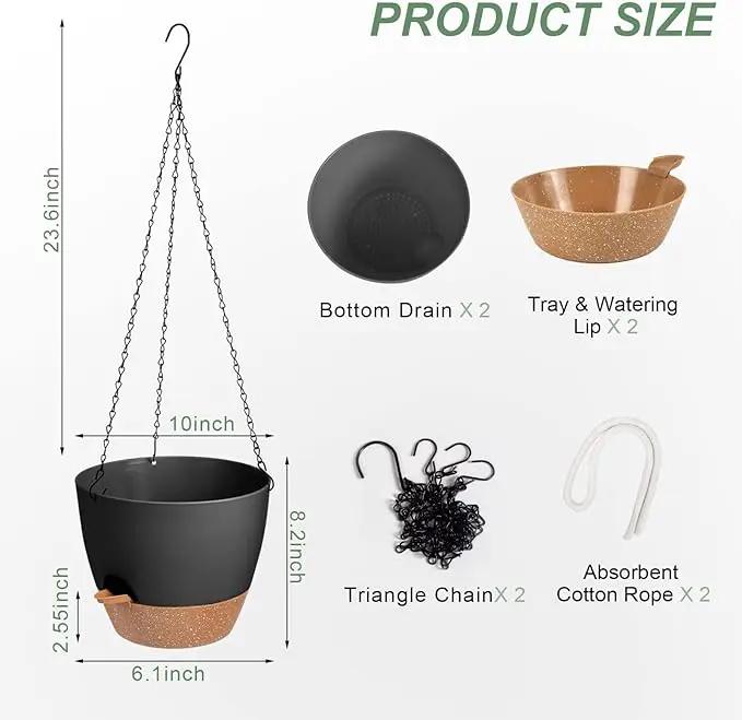 Hanging Planters for Indoor Outdoor Plants, 2 Pack Self Watering Hanging Pot with Drainage Holes & Removable Tray (Black, 10'') by GreenHaven Gardens