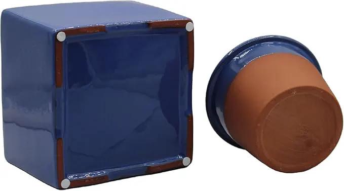 Ceramic African Violet Self Watering Pot 6 Inch Square Pot 3.5 Inch Innter Pot Easy Fill Water Reservoir Blue by GreenHaven Gardens