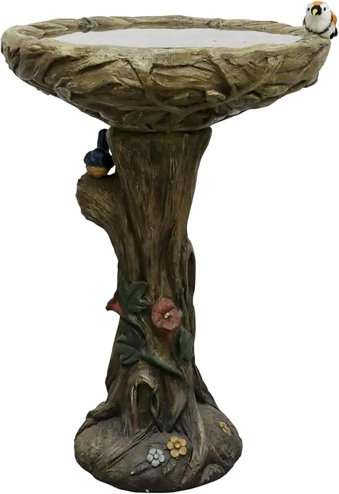 SunJet 25.5 Inch Heigh Wood-Look Concrete Bird Bath with Decorative Faux Bird – birdbath Rustic & Long-Lasting Design, Enhances Garden, Patio, Yard, Lawn Décor by GreenHaven Gardens