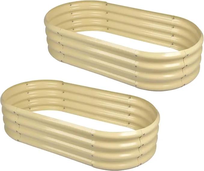 Land Guard 2Pcs Galvanized Raised Garden Bed Kit, 7.5×3×1ft Galvanized Planter Raised Garden Boxes Outdoor, Oval Large Metal Raised Garden Beds for Vegetables (Cream Yellow) by GreenHaven Gardens
