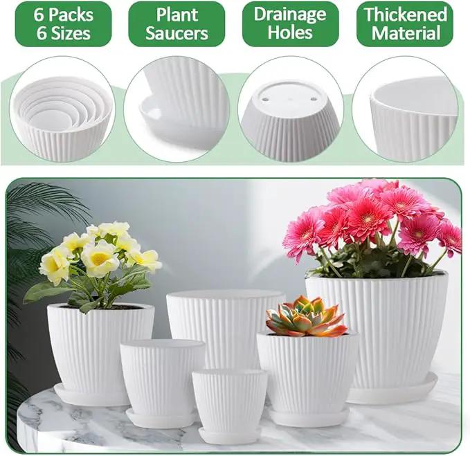 7.5/6.5/5.5/4.9/4.2/3.5 Inch Plant Pots, Plastic Flower Pots with Drainage Holes and Plate, Indoor/Outdoor Plant Planters with Different Size, 6 Pack Durable Pots for Plants, White by GreenHaven Gardens