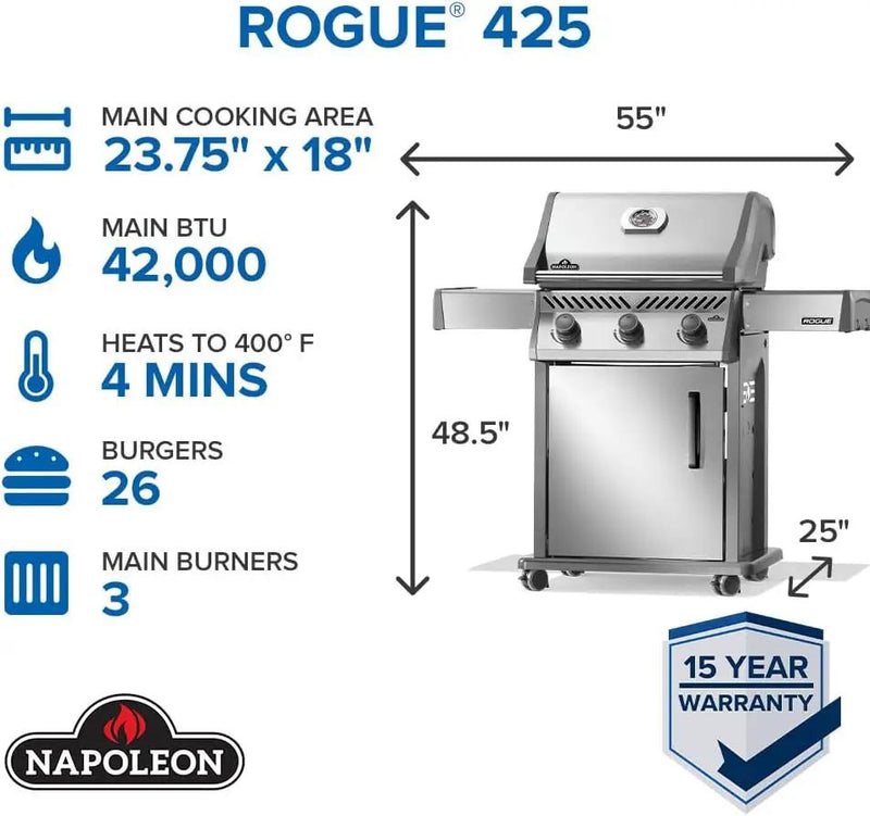 Napoleon Rogue 425 Propane Gas Grill, Stainless Steel, Durable 3-Burner Grill by GreenHaven Gardens