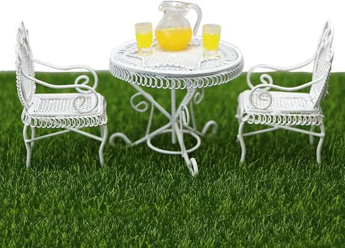 Dollhouse Miniature Bistro Table & Chairs Set Accessories Metal 1:12 Scale Miniatures White Coffee/Tea Furniture Fairy Garden Cute Rustic Elegant Decorations Ornaments (A) by GreenHaven Gardens