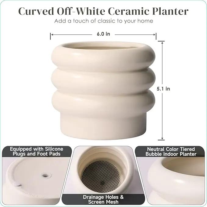 Tiered Bubble Ceramic Plant Pot, Creamy White 6 Inch Ceramic Planter with Drainage Holes, Ceramic Flower Pot with Mesh Pad, Rubber Plugs, Ceramic Pots for Indoor Plants Outdoor, Modern Décor by GreenHaven Gardens