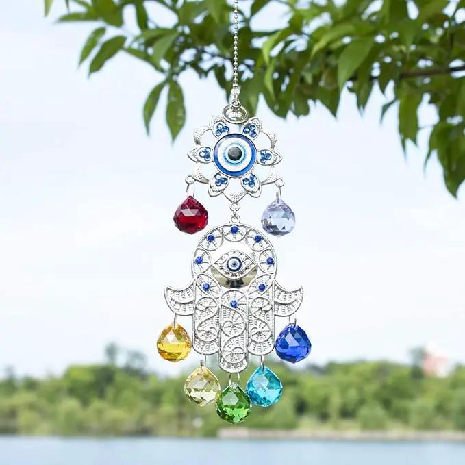 Hamsa Hand with Blue Evil Eye Protection Hanging Crystal Ornament with Chakra Energy Crystal Balls by GreenHaven Gardens
