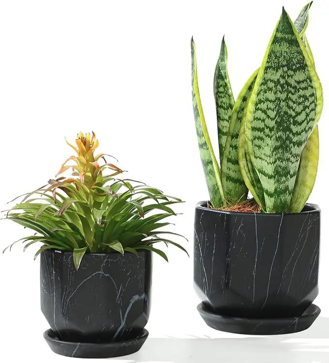 Black Plant Pot with Drainage Holes and Saucers, Ceramic Pots for Indoor Outdoor Plants, 4 & 5 Inch Premium Hand Glazed Sustainable Planters for Flower, Garden, Succulent, Nursery, Home Decor by GreenHaven Gardens