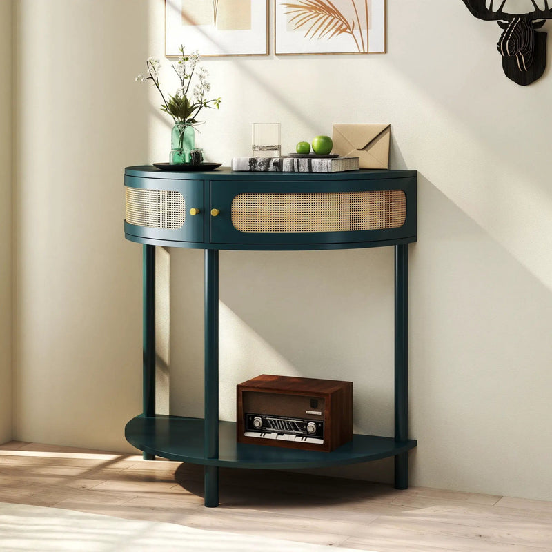 Boho Rattan Semi Circle End Table With Sliding Rattan Door, Storage And Bottom Shelf by HouseOfZazla