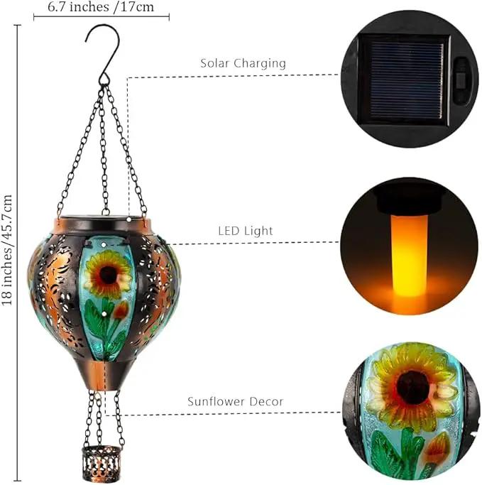 Starsoul Sunflowers Hot Air Balloon Solar Lantern Metal & Glass Solar Hot Air Balloon Hanging Garden Light Waterproof Outdoor Lantern for Patio Yard Party Decorations by GreenHaven Gardens