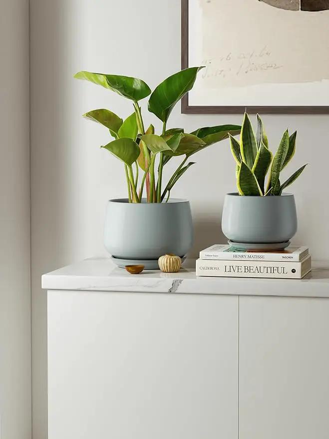 LE TAUCI Plant Pots for Indoor Plants, 4.1+5.1+6.5 inch, Set of 3, Ceramic Planters with Drainage Hole and Saucer, Indoor Flower Pot with Hole Mesh Pad, Gifts for Mom, Reactive Glaze Blue Gray by GreenHaven Gardens