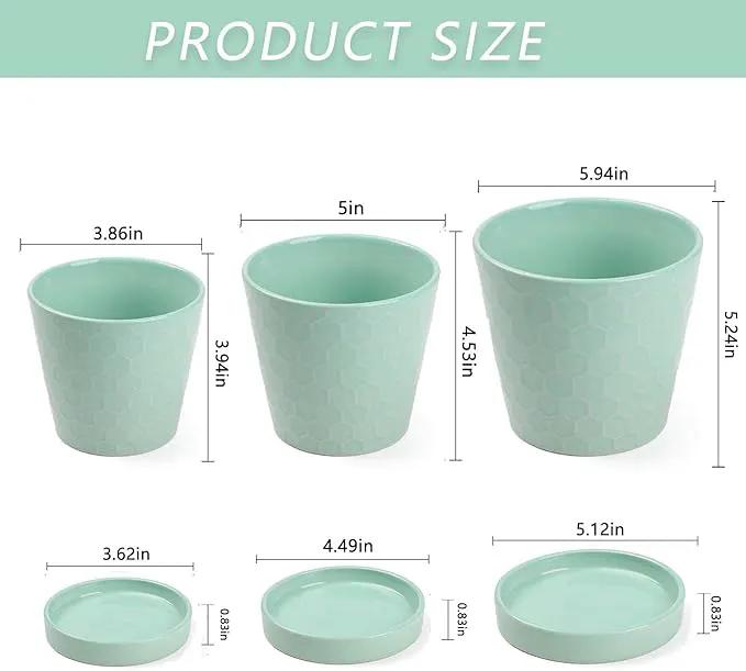 EFISPSS Ceramic Plant Pots –4”+5”+6” inch Set of 3, Planters with with Drainage Holes and Ceramic Tray, Indoor Flower Pot Gardening Home Desktop Office Windowsill Decoration Gift(Mint Green) by GreenHaven Gardens