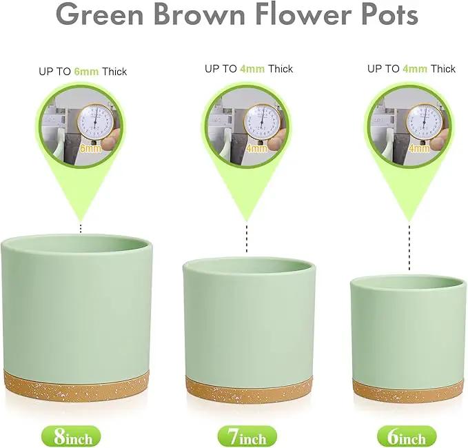 8/7/6 inch Plant Pots, 3 Pack Cylinder Flower Pots for Outdoor Indoor Plants, Decorative Plastic Planters with Drainage Holes and Saucers for Garden House Plants, Green with Brown by GreenHaven Gardens
