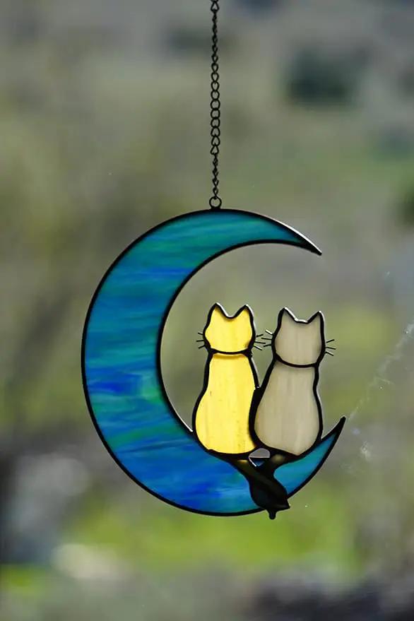Cat Stained Glass Suncatcher – Cat on Moon Real Glass Window Hanging – Unique Modern Design Wall Art for Home or Garden Décor – Perfect Cat Lover Gift by GreenHaven Gardens