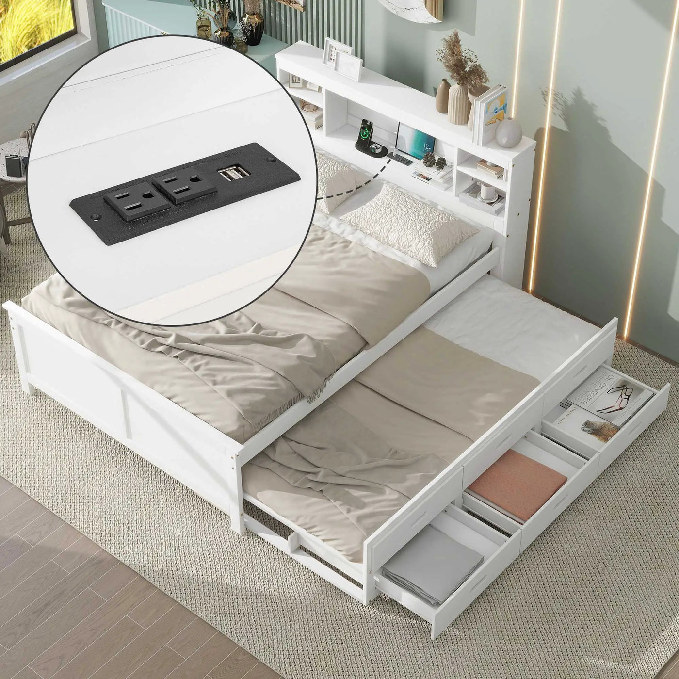 Platform Bed With Storage Headboard, USB, Trundle And 3 Drawers by HouseOfZazla