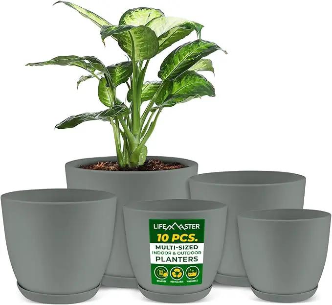Planter Pots with Drainage Holes - Lightweight, Durable & Space-Saving Pots for Indoor and Outdoor - Versatile Functionality, Simple Modern Design, Set of 10 Plastic Planter Pots - Gray by GreenHaven Gardens