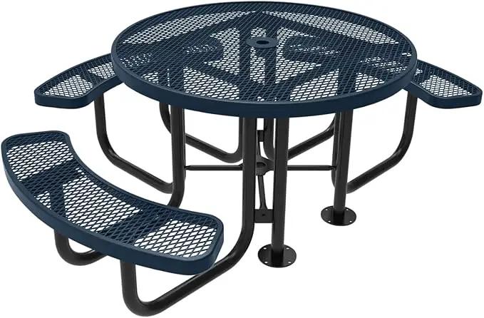 Heavy-Duty Portable Outdoor Picnic Table with Umbrella Hole, Expanded Metal Patio Dining Furniture Made in America (46" Round Top, Dark Blue) by GreenHaven Gardens
