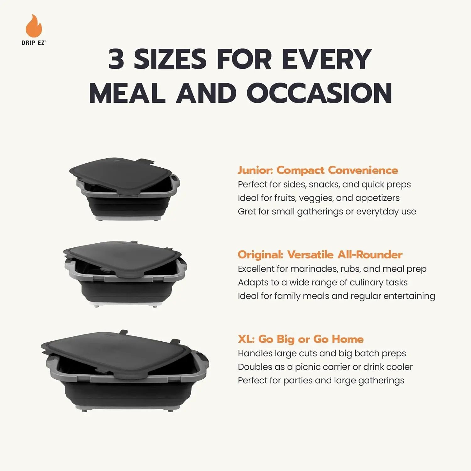 Drip EZ Collapsible BBQ Prep Tubs 3-Piece Set- For Meal Prep Marinating Food Storage - Includes Cutting Board & Lid - (1) JR + (1) OG + (1) XL - Orange by GreenHaven Gardens