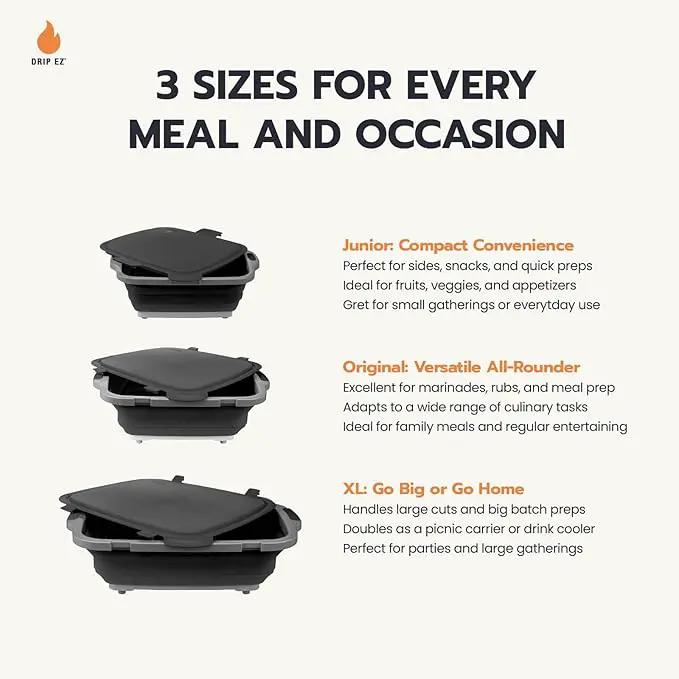 Drip EZ Collapsible BBQ Prep Tubs 3-Piece Set- For Meal Prep Marinating Food Storage - Includes Cutting Board & Lid - (1) JR - Orange + (1) OG - Orange + (1) XL - Black by GreenHaven Gardens