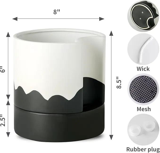 Nihow Self Watering Plant Pot: 8 Inch Ceramic Planter with Drainage Hole & Water Storage Plus for Indoor & Outdoor Plants - Cylinder Round Flower Pot for Succulent/Herbs/Violets - White & Wave Black by GreenHaven Gardens