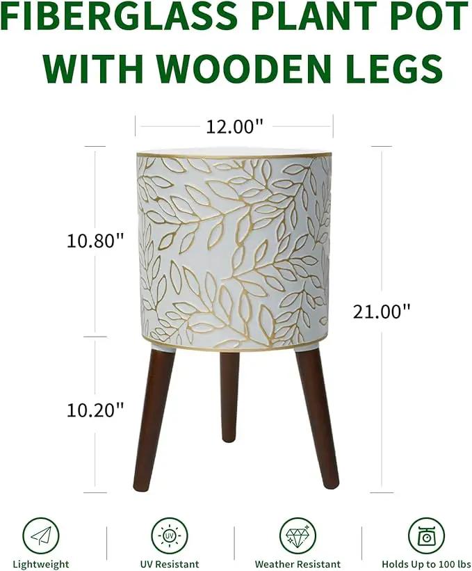 12inch Plant Pots with Wood Planter Holder Indoor Flower Pot with Gold Floral Embossed Modern Planters with Drainage Holes for Living Room, Office, Garden or Balcony by GreenHaven Gardens