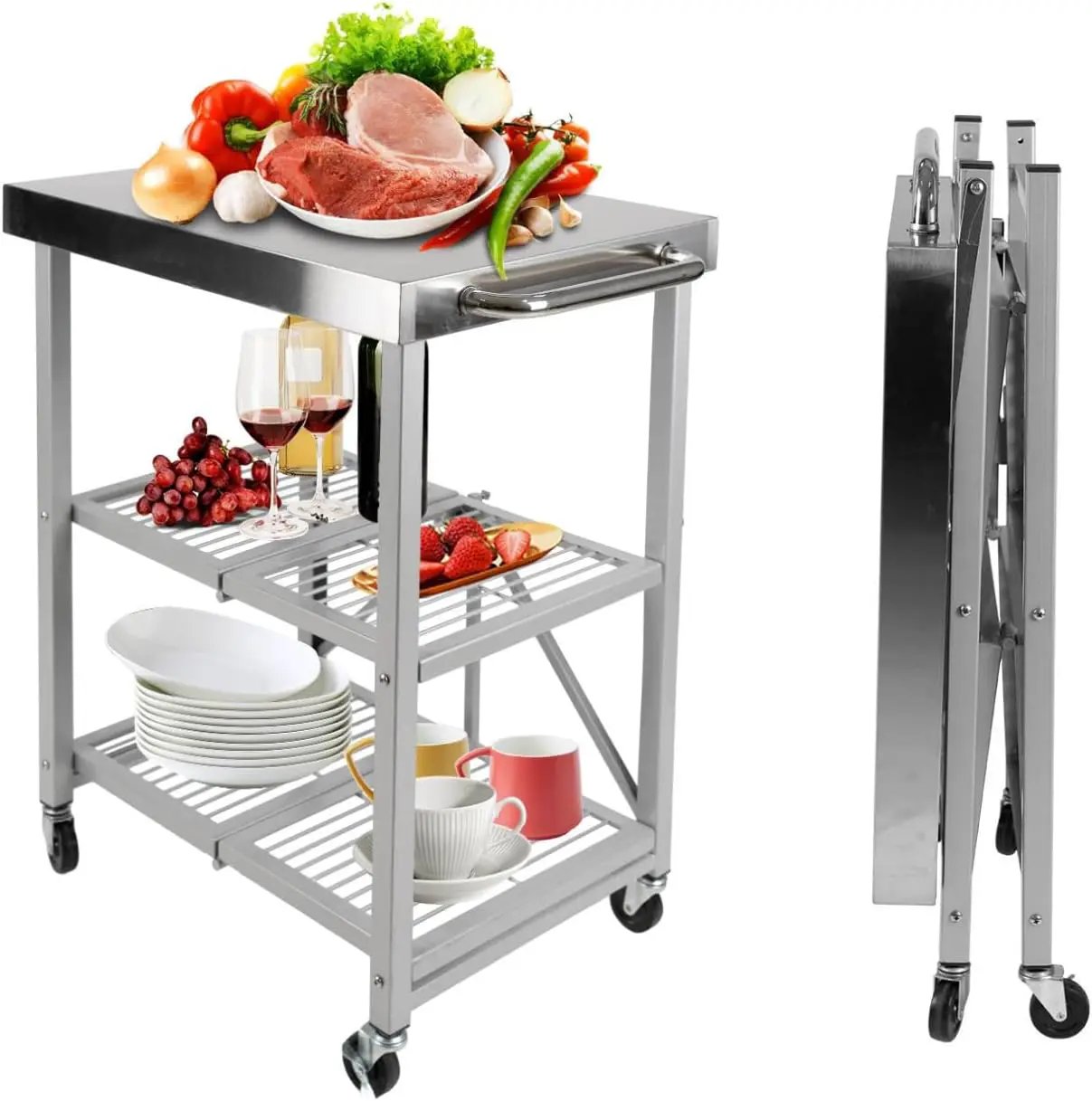 3-Tier Folding Outdoor Grill Cart, 300lbs Load Capaciy Foldable Utility Storage Rolling Kitchen Table with Lockable Wheels, 25.75" D x 20" W x 36" H, Steel Service Trolley for Food Prepping by GreenHaven Gardens