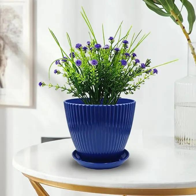 7.5/6.5/5.5/4.9/4.2/3.5 Inches Plant Planters 6 Pack, Thick Sturdy Plastic Pots for Plants, Indoor/Outdoor 6 Sizes Flower Pots with Drainage Holes and Saucers (6 Sizes,Dark-Blue) by GreenHaven Gardens