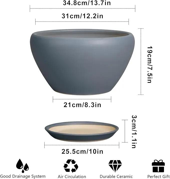 Ceramic Planter - 13 Inch Planter for Indoor Plants Large Plant Pot with Drainage Hole and Saucer Round Outdoor Planter Modern Flower Pot for Home Decor Gray by GreenHaven Gardens