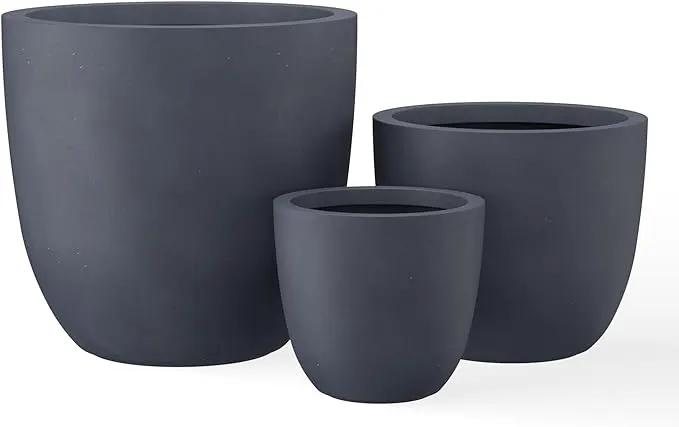 Kante 18",14",10" Dia Concrete Round Planters (Set of 3), Outdoor Indoor Large Planter Pots with Drainage Hole and Rubber Plug for Home Patio Garden, Charcoal by GreenHaven Gardens